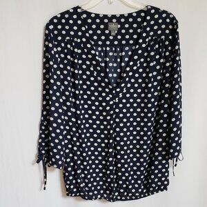 Soho - Navy Blue and White Polka Dot Blouse.  Size Large